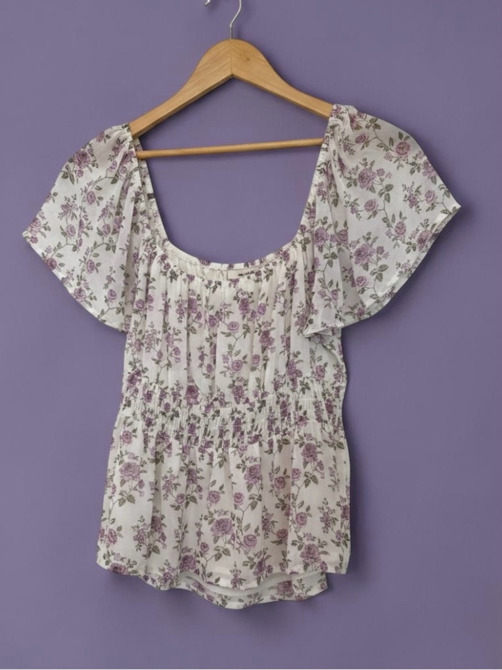 Celebrity Pink Cream Floral Scoop-Neck Smocked Top